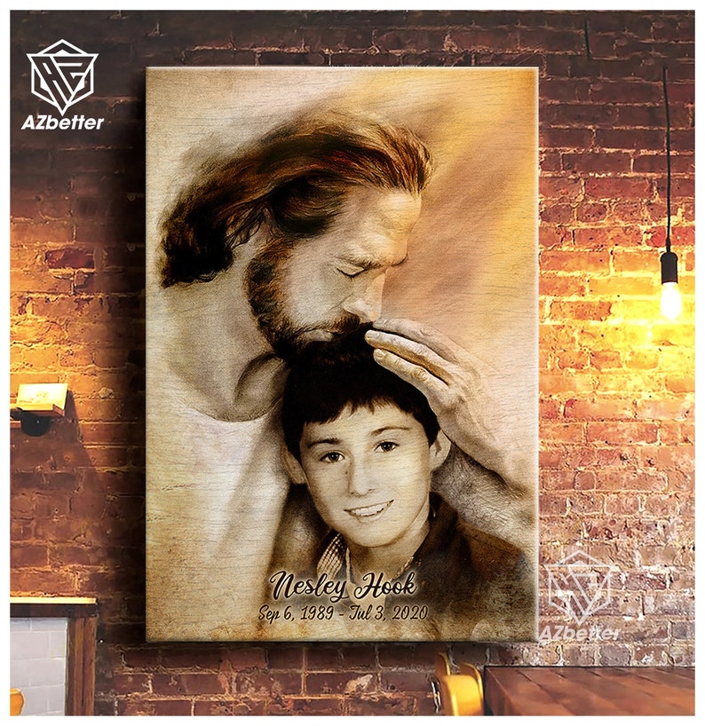 May include: A sepia-toned wood print featuring a painting of a man with a beard and long hair, holding a young boy. The man is looking down at the boy, who is smiling. The text "Nesley Hook Sep 6, 1989 - Jul 3, 2020" is printed below the image.