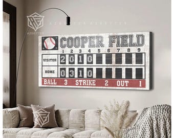 Tabellone segnapunti da baseball personalizzato su tela, cartello sportivo con nome personalizzato, decorazione murale vintage da baseball, decorazione per la cameretta dei bambini, regalo per i fan del baseball.