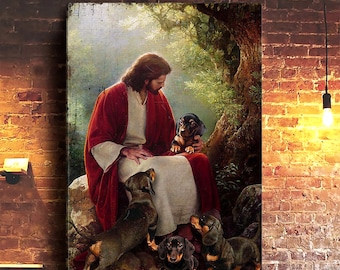 May include: A painting of Jesus sitting on a rock with four dachshund dogs. Jesus is wearing a red robe and the dogs are brown and black. The painting is set in a forest with green trees and a bright sky.