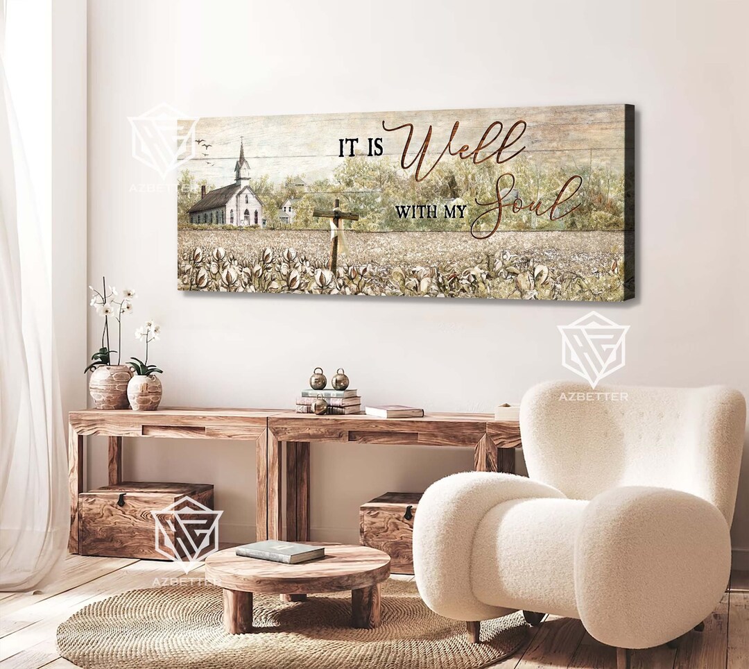Vintage Church It is Well With My Soul Canvas Prints Christian Wall Art, Cotton Flower Catholic