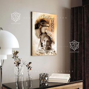 May include: A sepia-toned canvas print featuring a drawing of Jesus with a crown of thorns, holding a woman in his arms. The text "Welcome Home" is written in a decorative font above them. The woman's name and dates are written below the image.