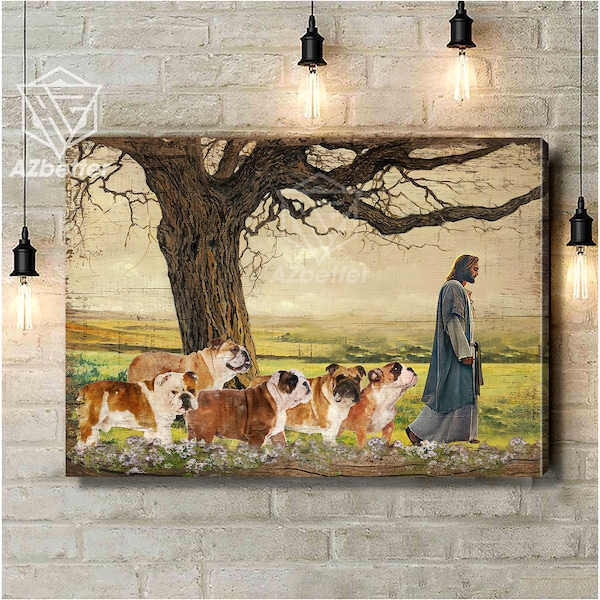 Gott mit englischer Bulldogge Leinwand, Bulldogge-Liebhaber Geschenk Leinwand, christliche Geschenk Leinwand, Gott und Hund Wandkunst