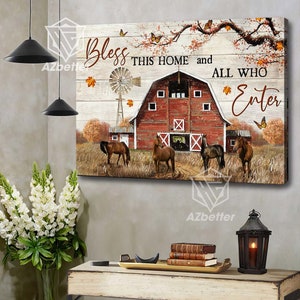 Canvas Prints Bless this home & all who enter, Horses Painting, Jesus Wall Art, Farmhouse Decor, Rustic Home Art, Housewarming Gift image 2