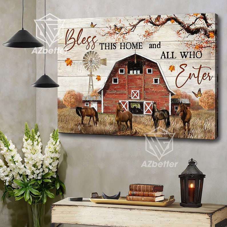 Canvas Prints Bless this home & all who enter, Horses Painting, Jesus Wall Art, Farmhouse Decor, Rustic Home Art, Housewarming Gift image 2