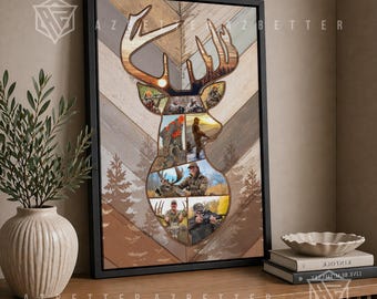 Personalized Deer Hunting Photo Collage Canvas, Custom Hunters Gift, Rustic Wall Art for Outdoor Enthusiasts, Father's Day Gift For Husband