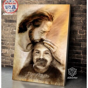 May include: A sepia-toned canvas print with a painting of two men. The man at the top is leaning down and touching the head of the man at the bottom. The text "Kevin Cureton Apr 19, 1977 - Jun 11, 2021" is at the bottom of the canvas.