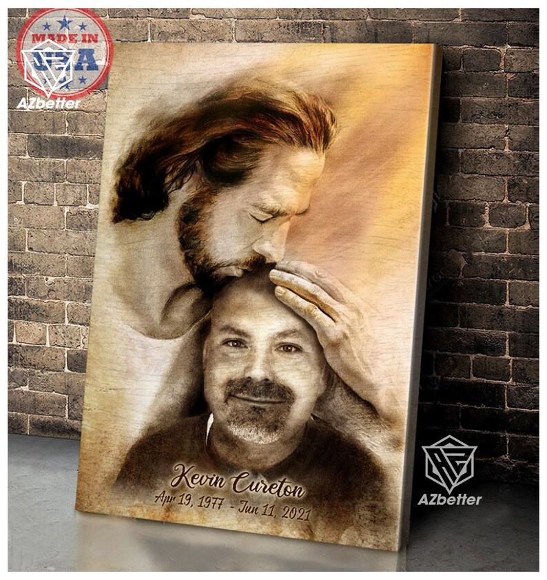May include: A sepia-toned canvas print with a painting of two men. The man at the top is leaning down and touching the head of the man at the bottom. The text "Kevin Cureton Apr 19, 1977 - Jun 11, 2021" is at the bottom of the canvas.