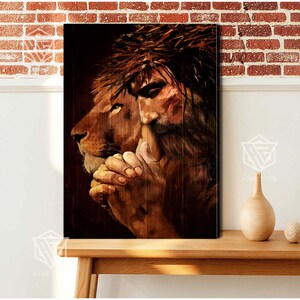 May include: A painting of a lion and a man with a crown of thorns. The lion's head is on the man's shoulder, and the man's hand is on the lion's head. The painting is done in a dark, earthy color palette.