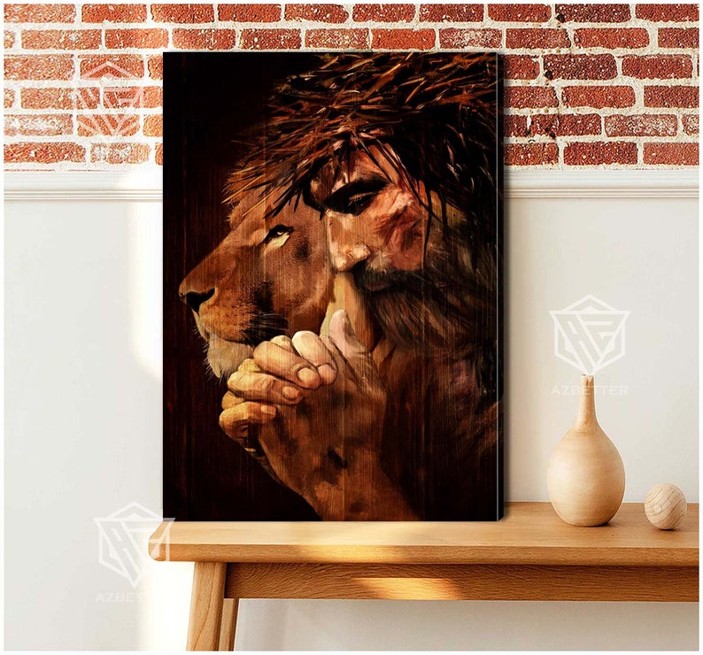May include: A painting of a lion and a man with a crown of thorns. The lion's head is on the man's shoulder, and the man's hand is on the lion's head. The painting is done in a dark, earthy color palette.