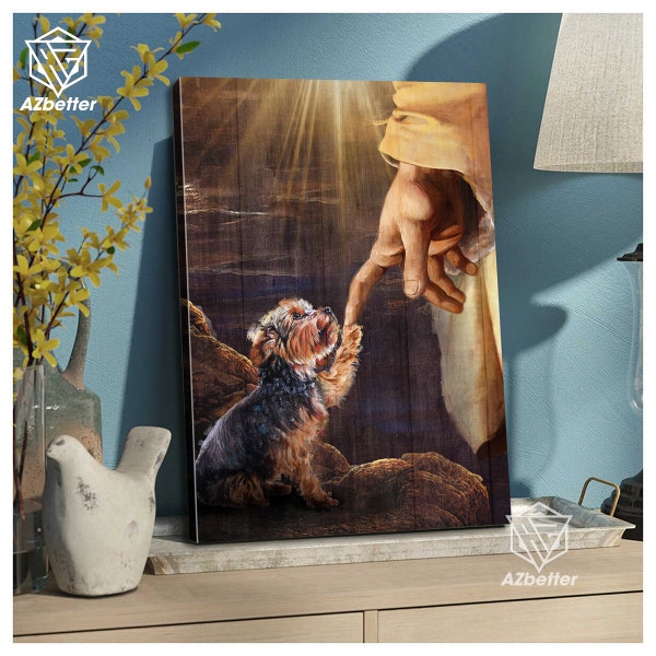 Yorkshire Terrier toma la mano de Dios, impresiones en lienzo, regalo para amantes de los perros, decoración cristiana para el hogar, Yorkshire Terrier mamá