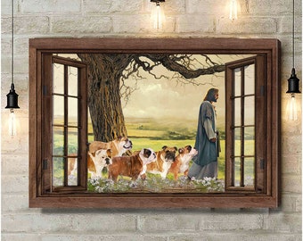 God With English Bulldog Canvas, Bulldog Lovers Gift Canvas, Christian Gift Canvas, God and Dog Wall Art