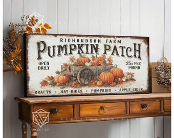 Personalized Pumpkin Patch Sign – Custom Farmhouse Fall Decor – Rustic Autumn Pumpkin Cart Canvas – Thanksgiving Porch Sign with Name