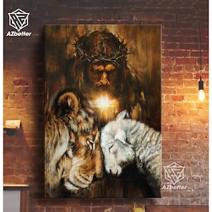 Lion And Lamb Jesus Canvas, The Lion of Judah, God Wall Art Home Decor, Gift For Christian, Christmas Gift, Jesus Painting
