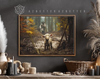 He Leaves The 99 To Rescue Me Canvas Art Jesus Running After Lost Lamb Painting, The Good Shepherd Is Coming, God Wall Art, Christian Home