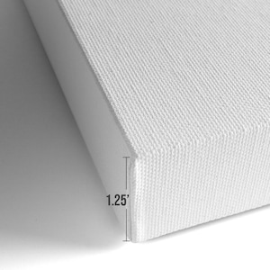 May include: Close-up of the edge of a white canvas, showing the texture of the fabric. The canvas is 1.25 inches thick.