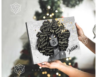 Personalized African American Wall Art, Empowering Afro Woman Canvas, Gift for Her Inspirational Home Decor, Custom Black History Art