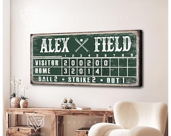 Tabellone segnapunti personalizzato per baseball – Decorazione murale vintage per sala giochi – Tela personalizzata con il nome del campo da baseball – Regalo sportivo per ragazzi o adolescenti