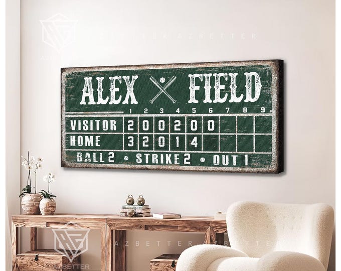 Personalized Baseball Scoreboard Sign – Vintage  Game Room Wall Art – Custom Baseball Field Name Canvas – Sports Gift for Boys or Teens