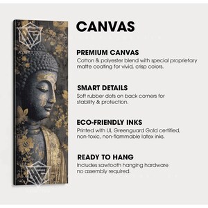 May include: Canvas art print featuring a detailed depiction of a Buddha statue with a serene expression. The artwork showcases a blend of gold and gray tones, with floral accents. The word "CANVAS" is displayed at the top.