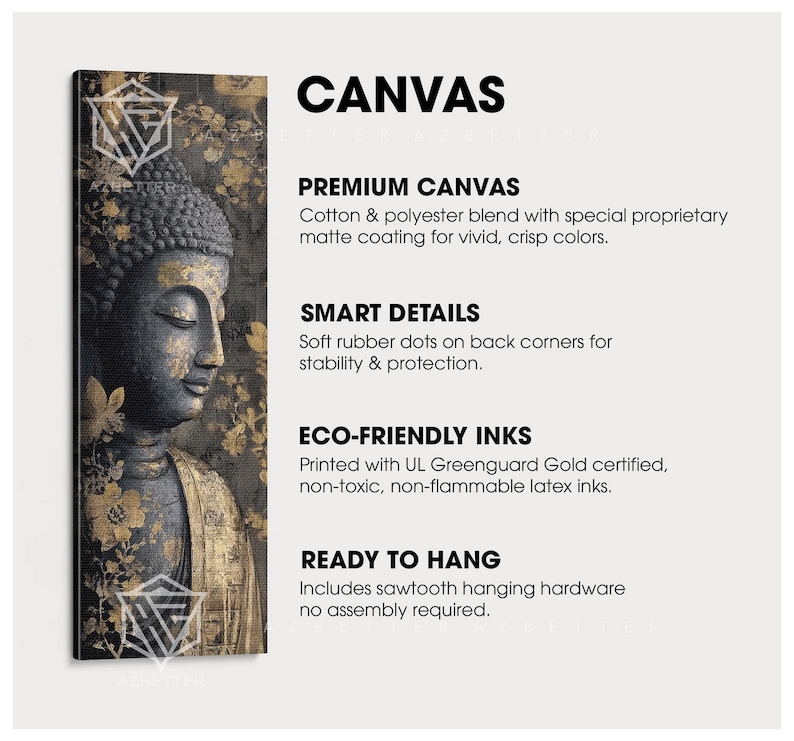 May include: Canvas art print featuring a detailed depiction of a Buddha statue with a serene expression. The artwork showcases a blend of gold and gray tones, with floral accents. The word "CANVAS" is displayed at the top.