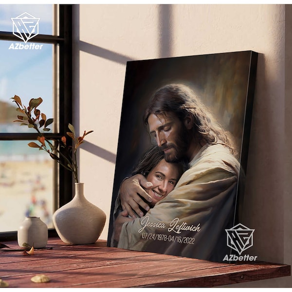 Lienzo personalizado con foto "A salvo en los brazos de Jesús", arte mural cristiano conmemorativo, "Descansa en paz" personalizado, regalo para el Día de la Madre para un ser querido fallecido.