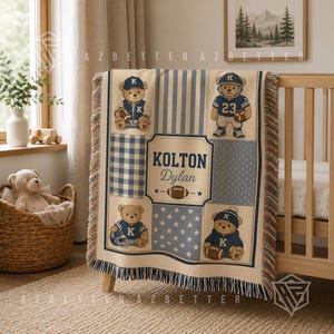 May include: A woven throw blanket featuring a football theme with four teddy bears wearing sports gear, blue and cream stripes, gingham, and star patterns. The center panel displays the text KOLTON Dylan above a football graphic.