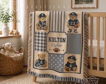 Football Bear Baby Blanket Personalized Name Number, Baby Boy Football Patchwork Woven Blanket, Football Nursery Gift, Baby Shower Gift