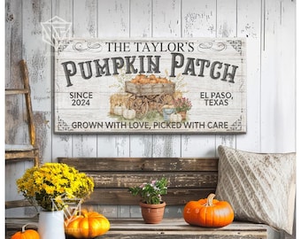 Personalized Pumpkin Patch Sign, Rustic Farmhouse Canvas Wall Art, Custom Family Autumn Decor