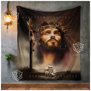May include: A tapestry featuring a painting of Jesus Christ with a crown of thorns, looking up with a sorrowful expression. The painting is in a dark, muted color palette with a focus on the face and hands of Jesus.