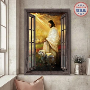 May include: A painting of Jesus Christ standing in a doorway with a small white dog by his side. The painting is set against a background of a golden sky with rays of light shining down. The doorway is framed in dark wood.