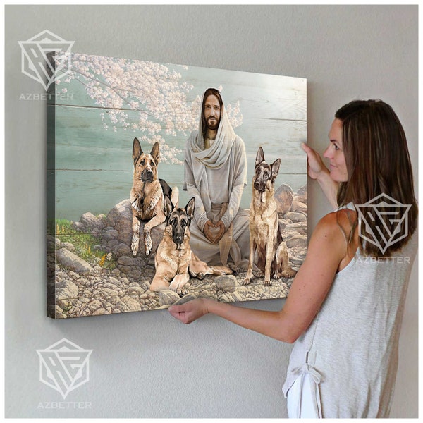 Impresiones en lienzo Pastor alemán con Jesús, regalo de los amantes del pastor alemán, decoración del hogar cristiano, regalo de mamá de perro, retrato de Jesús