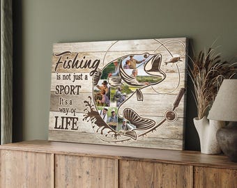Personalized Fishing Photo Collage Canvas – Custom Fisherman Wall Art – Unique Fishing Gift for Him, Dad, Grandpa, Husband, Fishing Lovers