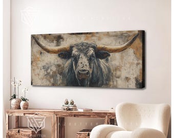 Rustic Longhorn Canvas Print – Western Bull Wall Art – Farmhouse Ranch Home Decoration