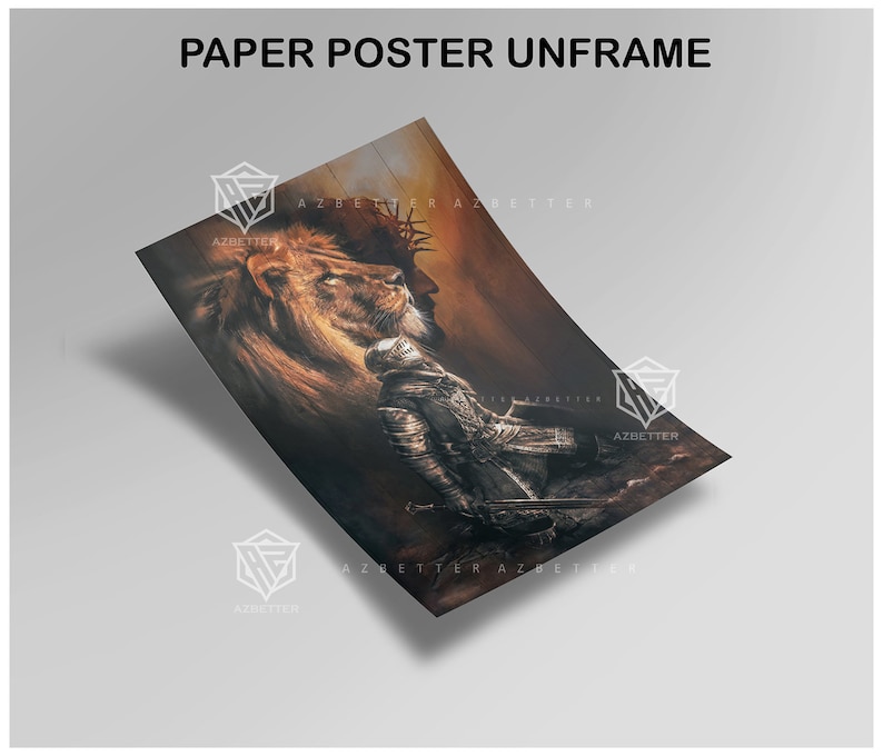 Puede incluir: Un p&oacute;ster de papel con un le&oacute;n y un caballero con armadura. El le&oacute;n est&aacute; en el lado izquierdo del p&oacute;ster y el caballero en el lado derecho. El fondo es de color marr&oacute;n oscuro. El p&oacute;ster no est&aacute; enmarcado.