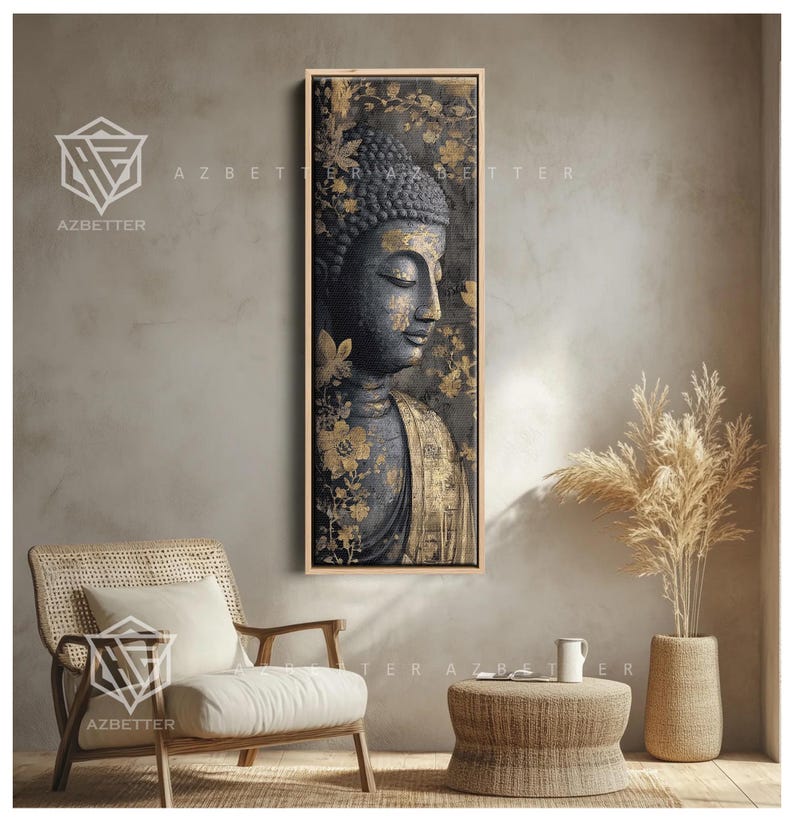 May include: A framed canvas print featuring a serene Buddha image. The artwork showcases a gray Buddha figure adorned with gold floral accents against a dark background. The print is displayed in a light-colored wooden frame, suitable for home decor.