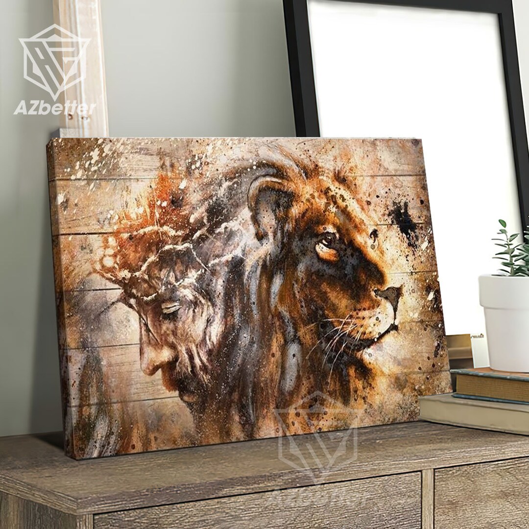 Lion and Jesus Art Painting Canvas, God Wall Art Home Decor, Gift for ...
