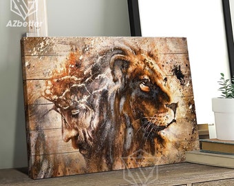 Dipinto su tela raffigurante il leone e Gesù, decorazione murale di Dio, regalo per cristiani, regalo di Natale, dipinto di Gesù.