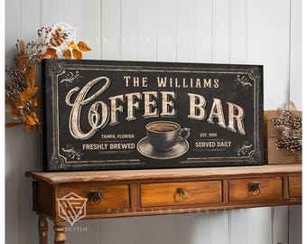 Personalized Coffee Bar Sign Custom Family Name City State Year, Vintage Kitchen Decor, Rustic Coffee Station Wall Art Canvas
