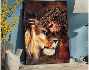 Dipinto su tela raffigurante il leone e Gesù, decorazione murale di Dio per la casa, regalo per cristiani, regalo di Natale, dipinto di Gesù, leone di Giuda