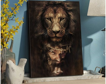 Dipinto su tela raffigurante il leone e Gesù, decorazione murale di Dio per la casa, regalo per cristiani, dipinto di Gesù, leone di Giuda, arte di Cristo