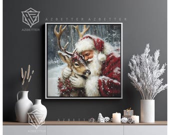 May include: A framed painting depicts Santa Claus embracing a reindeer in a snowy forest. Santa wears a red suit with white fur trim and a matching hat. The reindeer has antlers and a wreath around its neck. The artwork is displayed on a shelf with decorative items.