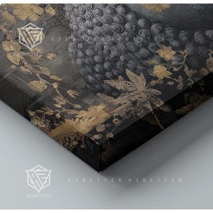 May include: A close-up of a decorative canvas print with a dark background and gold floral and leaf patterns. The print has a textured appearance and features a repeating pattern of circular shapes. The text "AZBETTER" is visible.