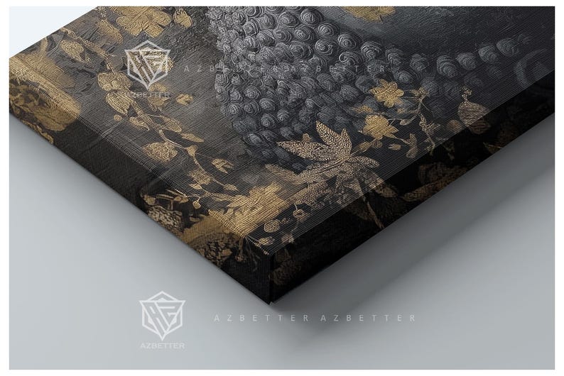 May include: A close-up of a decorative canvas print with a dark background and gold floral and leaf patterns. The print has a textured appearance and features a repeating pattern of circular shapes. The text "AZBETTER" is visible.