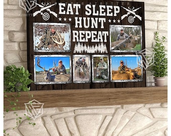 Personalized Hunting Photo Collage Canvas Eat Sleep Hunt Repeat, Custom Deer Hunter Wall Art – Gift for Hunters, Outdoorsmen, Father's Day