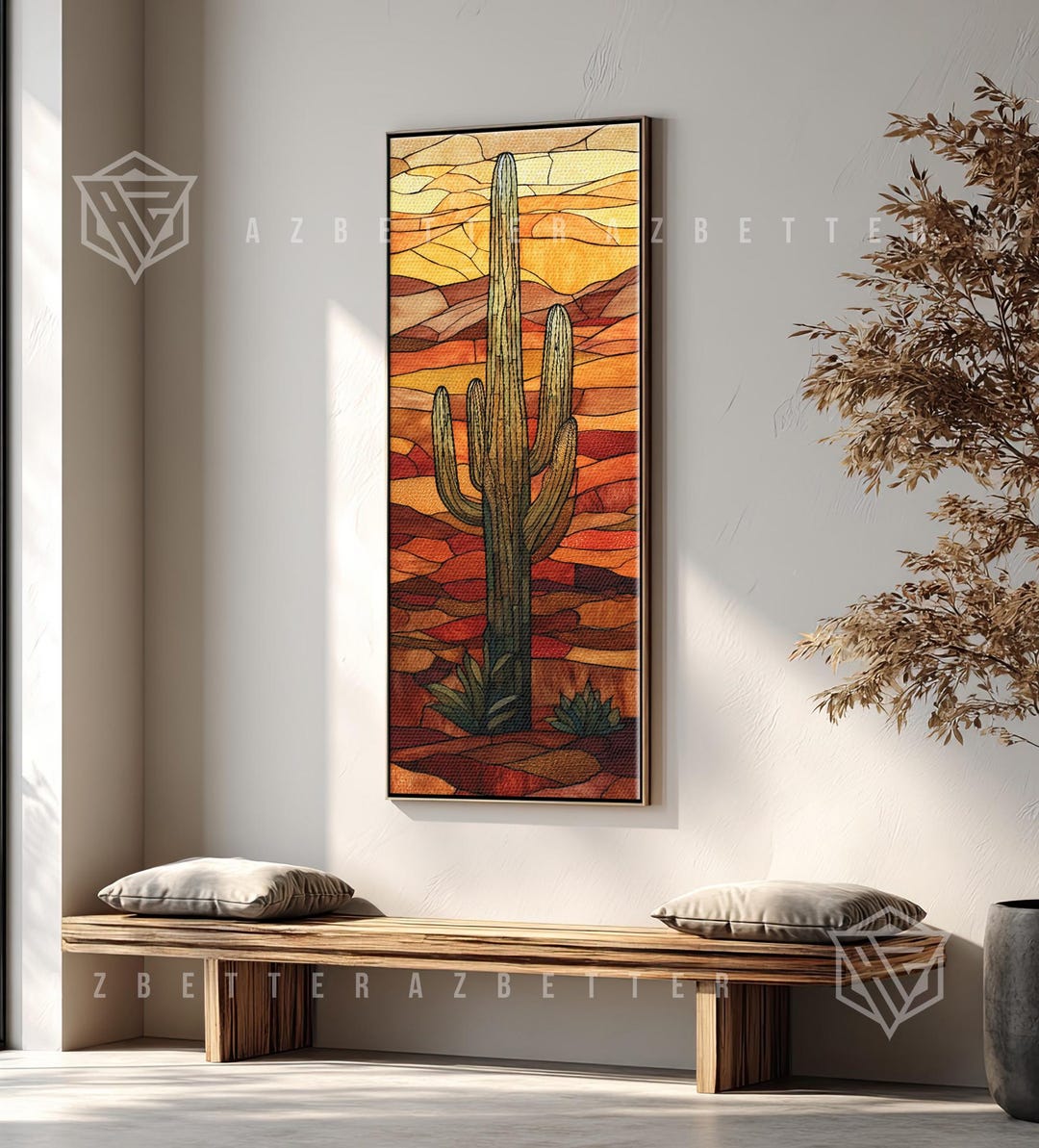 Stained Glass Saguaro Cactus Canvas Wall Art, Southwest Desert ...