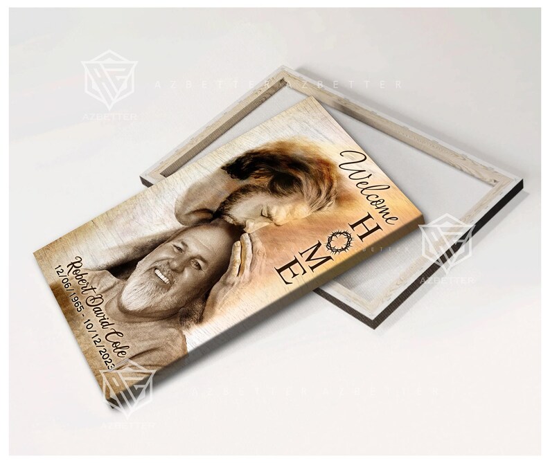 May include: A framed canvas print with a sepia toned image of a man with a crown of thorns. The text "Welcome Home" is printed on the canvas. The man's name and dates are printed below the image.