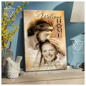 Personalisierte Himmel Leinwand - Sicher in den Armen von Jesus, christliche Erinnerungswandkunst, Trauergeschenk, Ruhe in Frieden, Verlust des Vaters Geschenk