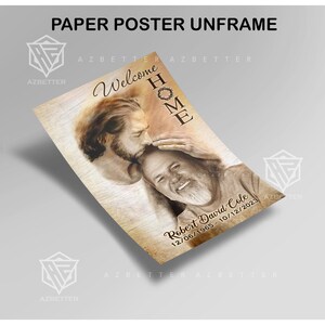 May include: A beige paper poster with a drawing of a man with a beard and a crown of thorns, looking down at another man with a beard. The text on the poster reads "Welcome Home" and "Robert David Cole 12/06/1965 - 10/12/2023".