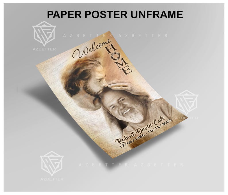 May include: A beige paper poster with a drawing of a man with a beard and a crown of thorns, looking down at another man with a beard. The text on the poster reads "Welcome Home" and "Robert David Cole 12/06/1965 - 10/12/2023".
