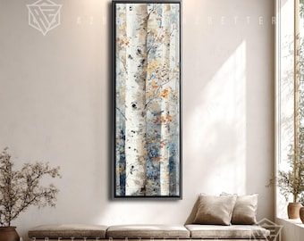 Cuadro panorámico vertical de bosque de abedules, decoración rústica de pared con árbol blanco, lienzo botánico largo y estrecho para pasillo, lámina de naturaleza de estilo granja moderna.